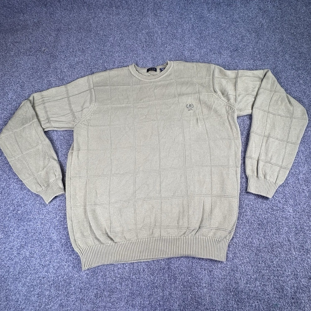 Izod Sweater Men L Taupe‎ Grid Pullover Crest Logo Preppy Classic Career Grandpa